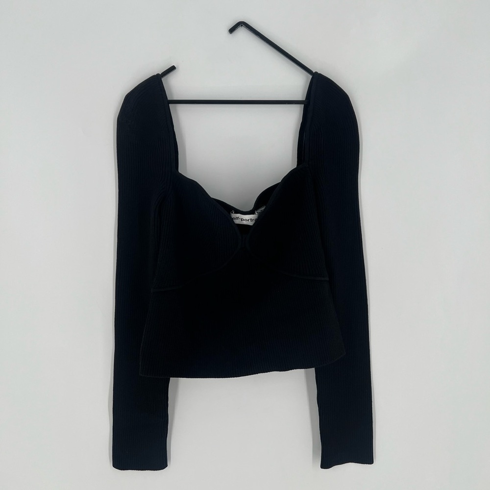 Self-Portrait Black Sweetheart Ribbed Knit Long Sleeve Top